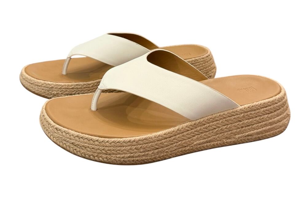 FitFlop F-MODE Espadrille Leather Flatform Toe-Post Sandals White Women’s 10